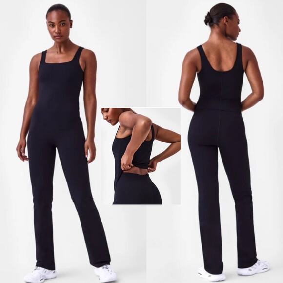 Spanx Black Stretch Booty Boost Easy Access Flare Jumpsuit Womens Large - Picture 1 of 9